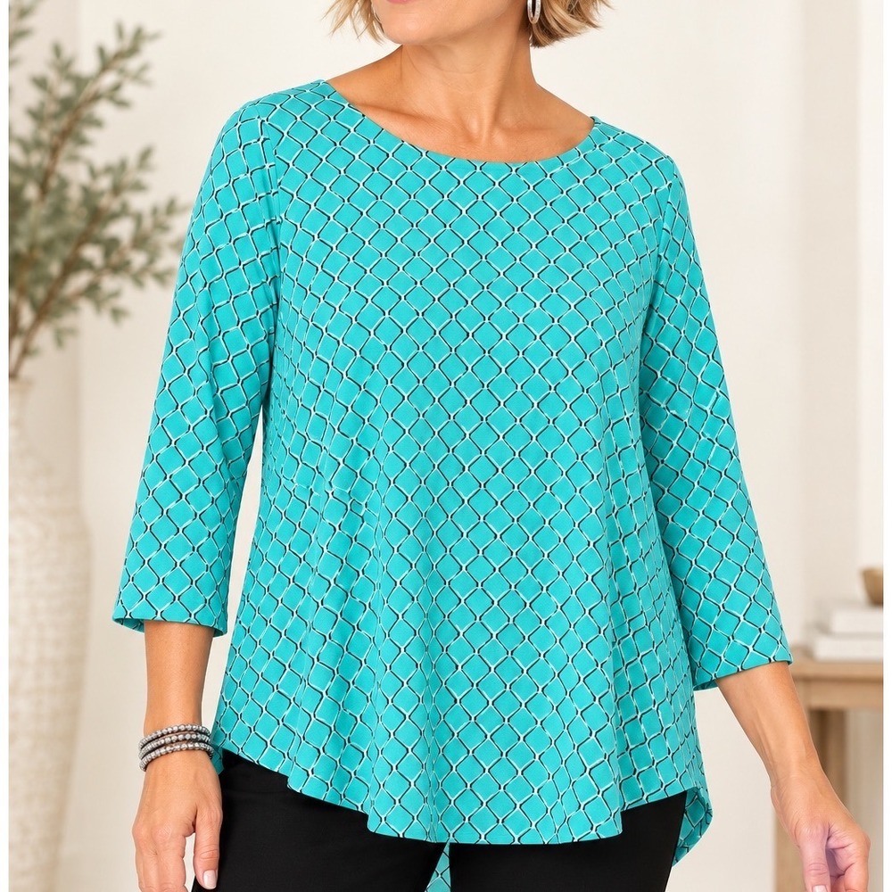 Susan Graver Womens 16 Aqua Green Lattice 3/4 Sleeve Scoop Neck Top A301151